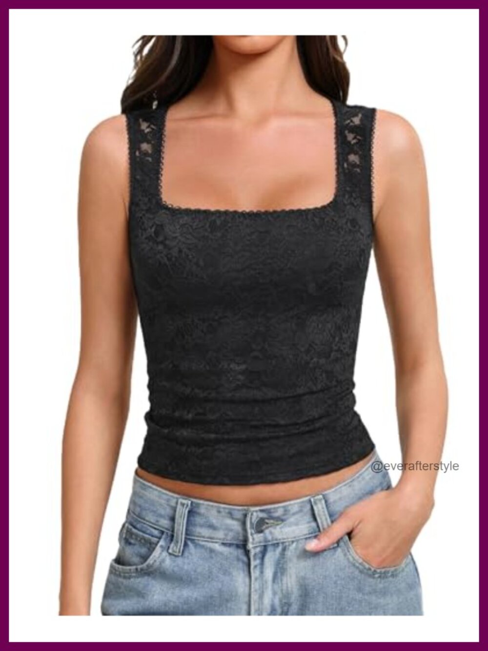 Lace Tank Top Square Neck Double Lined Slim Fit Summer Sleeveless